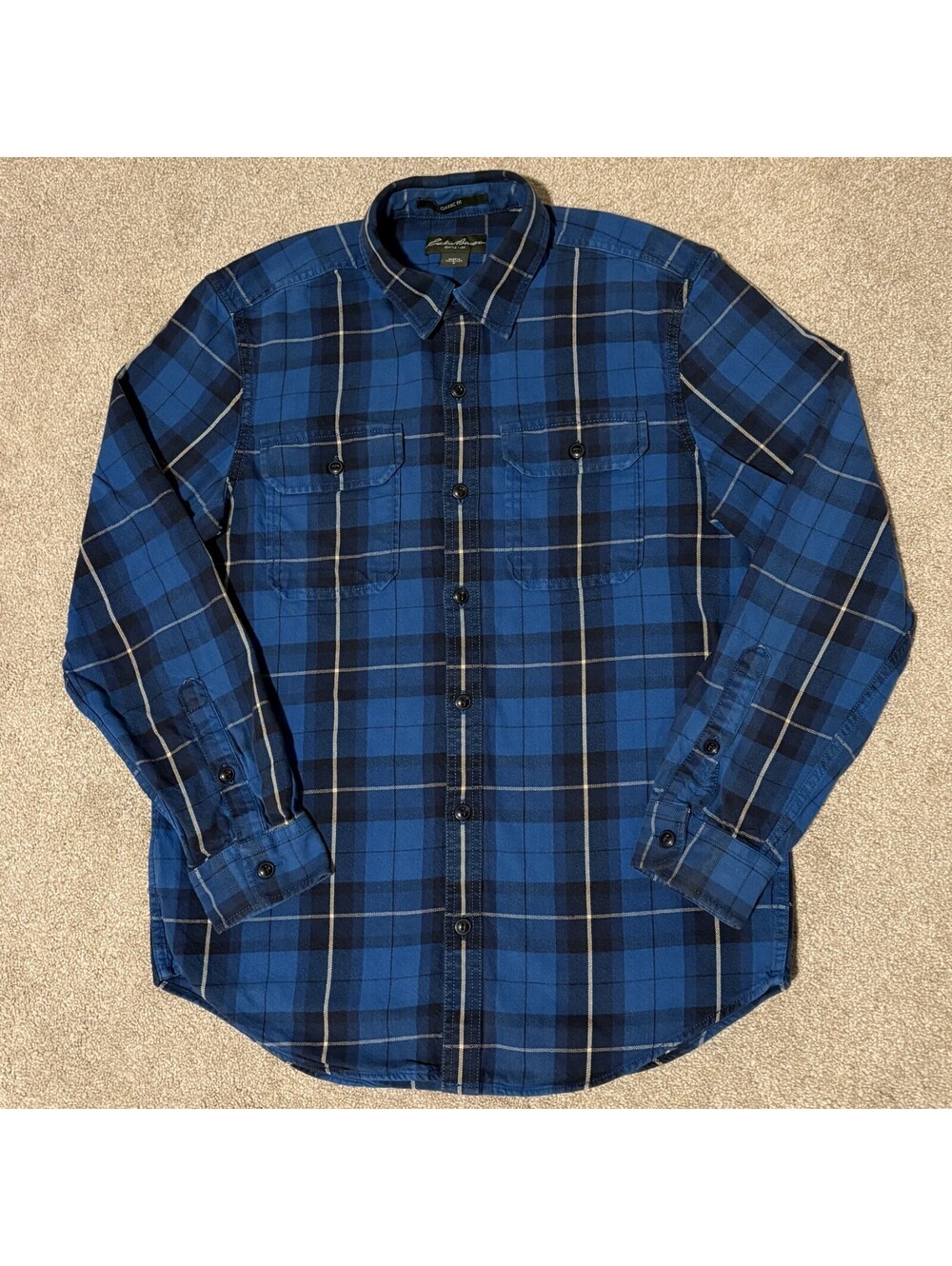 Vintage Eddie Bauer Mens Sz M Heavy Weight Plaid Flannel Blue Black Western